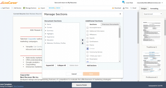 LiveCareer Resuming Setup Managing Sections