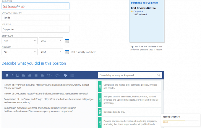 Experience Section with Pre-Written Phrases and Resume "Evaluator"