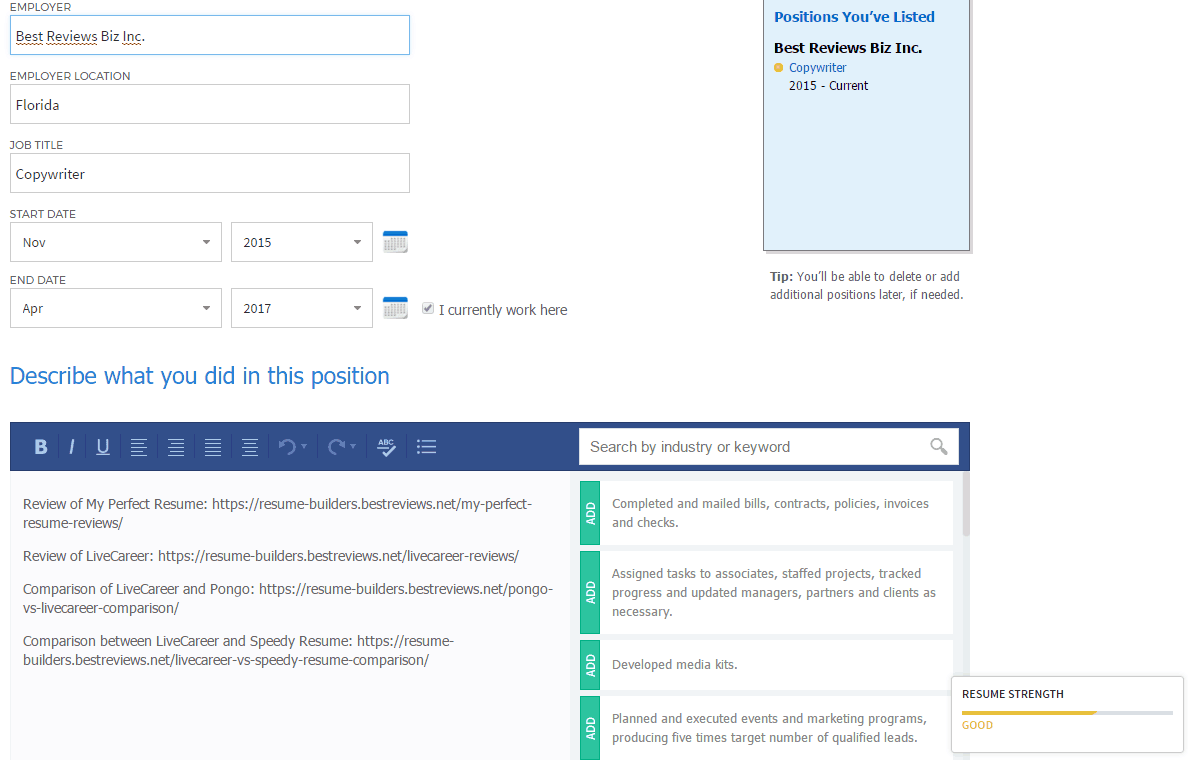 Experience Section with Pre-Scribbled Statements and Resume "Evaluator"