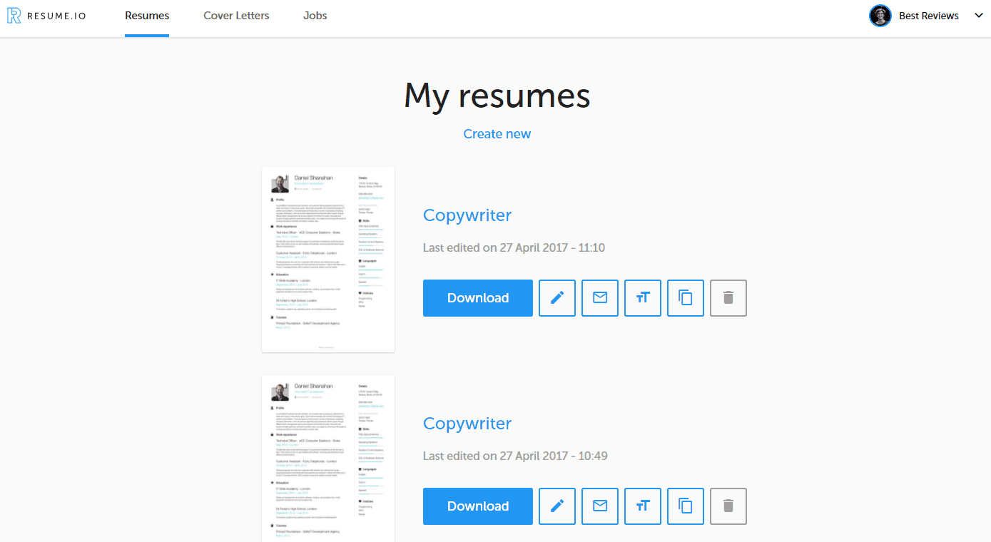 Resume.io's Dashboard