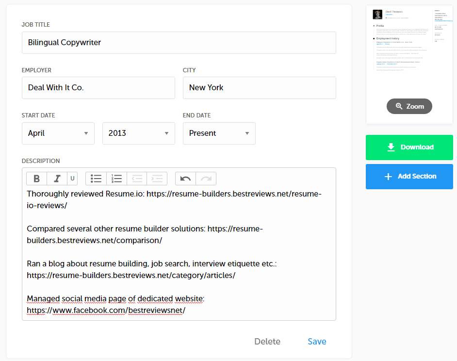 The Employment Section in a Resume.io Resume