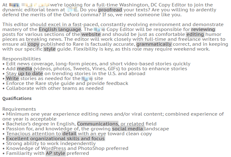 Copywriter Keywords on a Beyond.com Job Posting