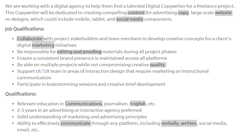 Copywriter Keywords on an Indeed.com Job Posting