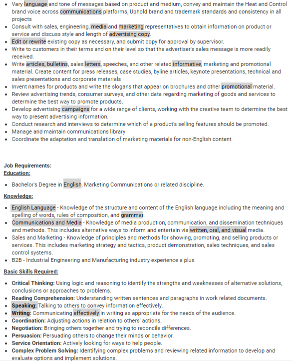 Copywriter Keywords on a Monster.com Job Posting