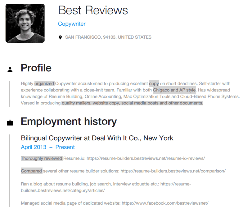 Use of Keywords for Copywriters in a Resume.io CV