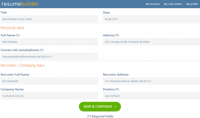 ResumeBuilder.org Setup Cover Letter Info